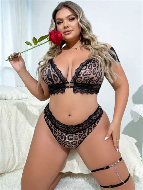 Plus Leopard Contrast Lace Lingerie Set Shein Usa