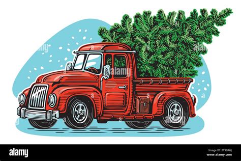 Christmas Red Retro Truck With Green Pine Tree Happy Holidays Vector