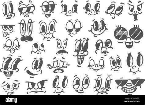 Cartoon Retro Faces Comic Cute Mascot Set With Funny Smiling And Angry