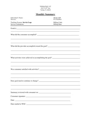 Fillable Online Monthly Summary Helping Heart Llc Fax Email Print