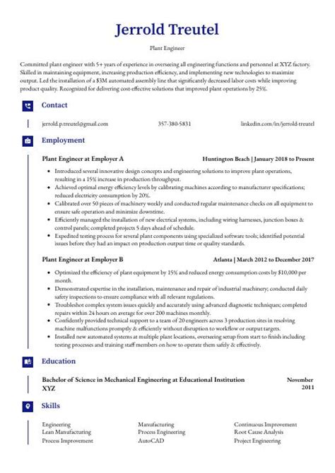 Plant Engineer Resume (CV) Example and Writing Guide