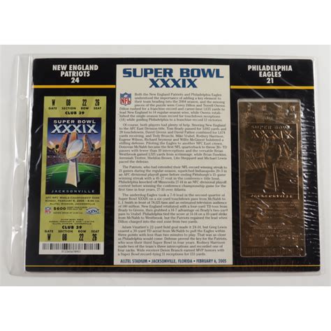 Super Bowl Xxxix Commemorative Score Card With Kt Gold Ticket