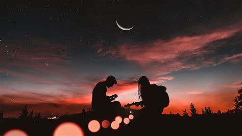 HD wallpaper: Couple, Playing guitar, Sunset, Half moon, Silhouette, Romantic | Wallpaper Flare