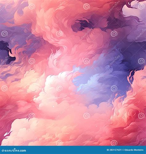 Artistic Abstract Painting Of Pink Clouds And Blue Sky With Realistic