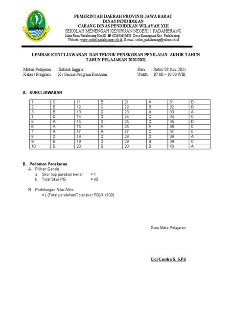 Kunci Jawaban Dan Teknik Penskoran Ggris Pdf