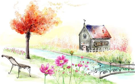 Spring garden house beautiful painting #Spring #Garden #House #Beautiful #Painting #1080P # ...