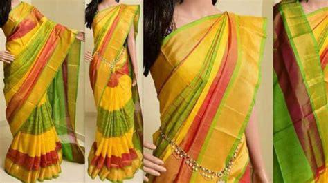 Uppada Yellow With Green Color Checks Silk Saree With Gold Color Border