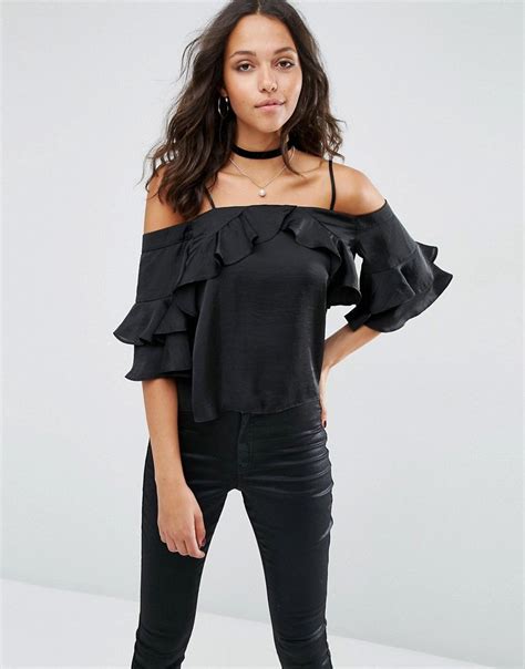 Asos Cold Shoulder Top In Satin With Ruffle Sleeve Black Cutout Shoulder Top Tops Fashion