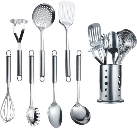 ReaNea Cooking Utensils Set 8 Piece, Stainless Steel Kitchen Utensils Set with Utensil Holder ...