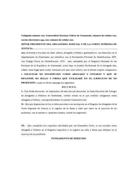 Solicitud De Inscripción Como Abogado Y Notario En El Registro De La Corte Suprema De Justicia