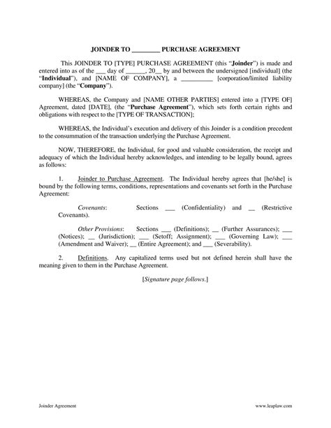 Free Printable Joinder Agreement Templates Pdf Word Format