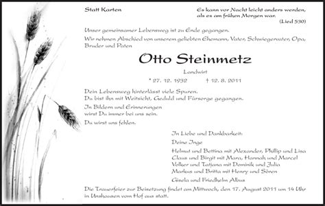 Traueranzeigen Von Otto Steinmetz Trauer Hna De