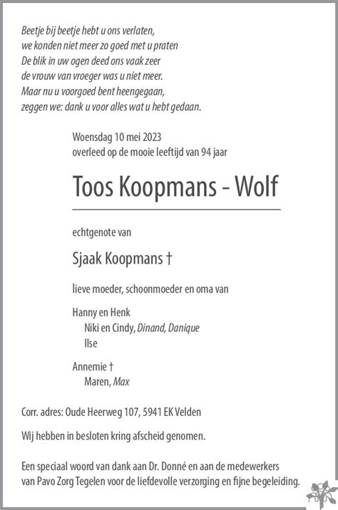 Toos Koopmans Wolf 10 05 2023 Overlijdensbericht En Condoleances