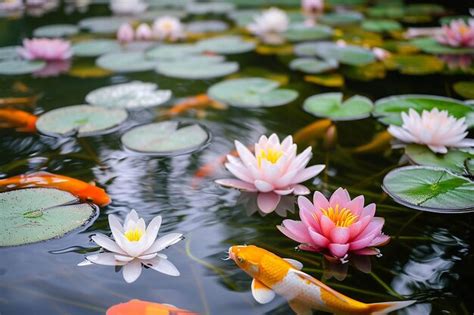 Premium Photo A Pond With A Koi Fish And Lily Pads