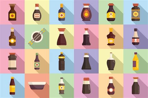 Premium Vector Soy Sauce Icons Set Flat Vector Sashimi Fried