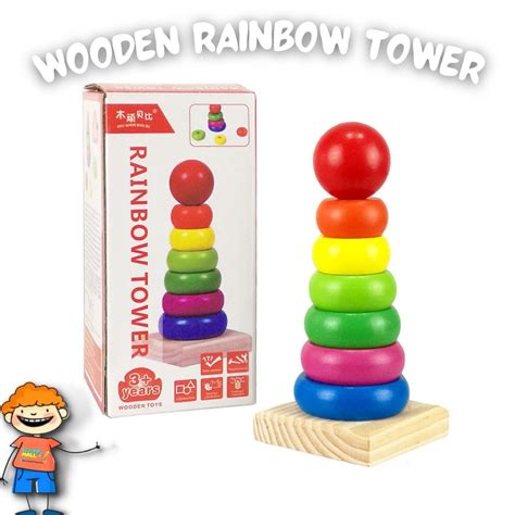 Baby Kids Wooden Toy Stacking Ring Rainbow Tower For Early Educational