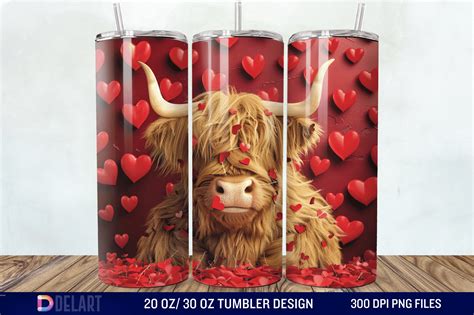 3D Highland Cow Valentine Tumbler Wrap 2 Graphic By DelArtCreation