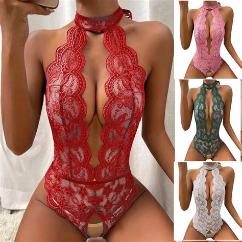 POTETI Crotchless Sexy Lingerie For Women Lace Red Pajama See Through