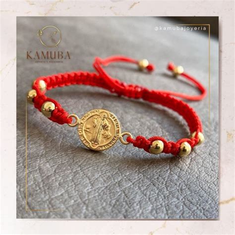 Pulsera artesanal oro 18k San benito en rojo Kamuba Joyería Oro 18k