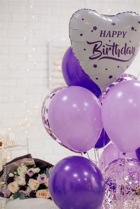 Birthday and purple balloons for a birthday. Balloons with helium ...