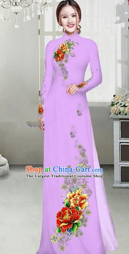 Vietnamese Deep Purple Cheongsam Asian Traditional Bride Costume Long