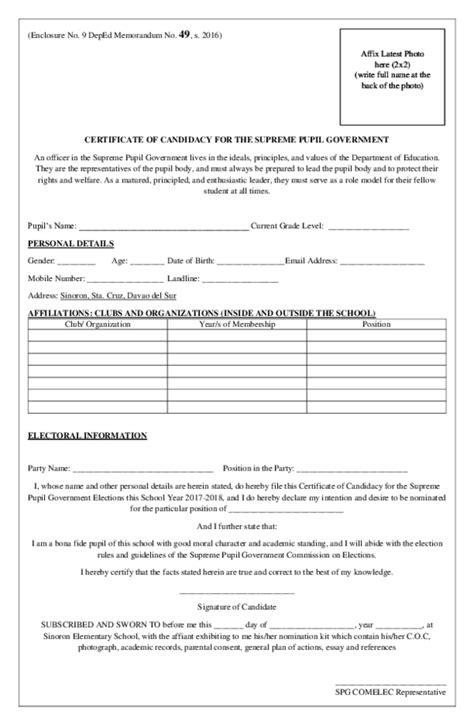 Doc Certificate Of Candidacy For The Supreme Pupil Government