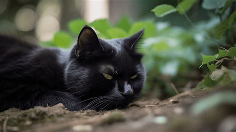 Black Cat Laying On The Ground In The Woods Background Black Cat