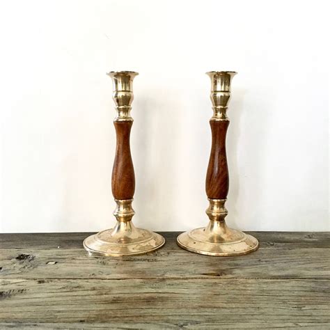 Mid Century Vintage Brass And Wood Candlesticks Pair Wood Candle Sticks Mid Century Vintage