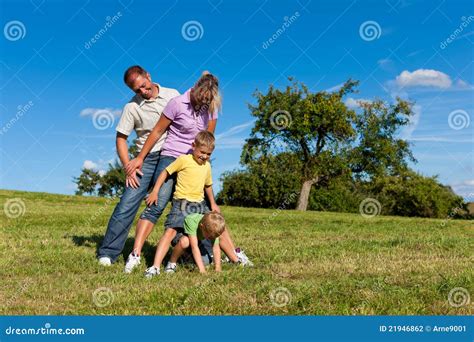 family  children playing   meadow stock photo image  grass