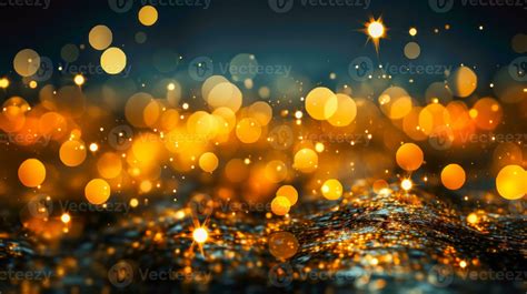 Golden Bokeh Lights On Dark Blue Background With Sparkles And Stars