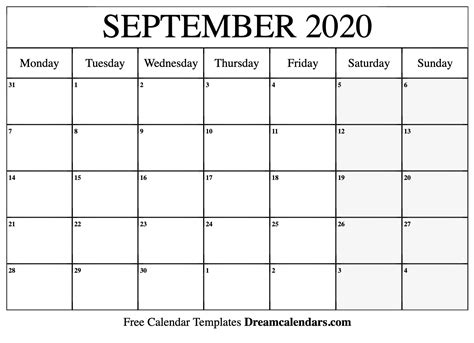 September 2020 Calendar Free Printable With Holidays And Observances