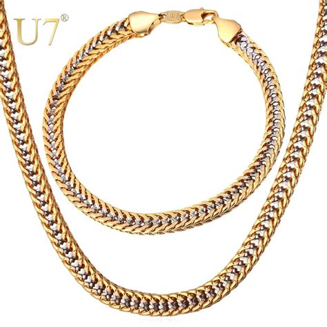 U Two Tone Gold Color Necklace Set Franco Chain Necklace Bracelet Men