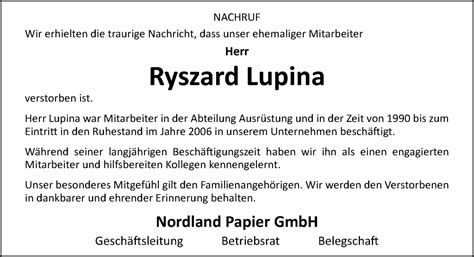 Traueranzeigen Von Ryszard Lupina Noz Trauerportal