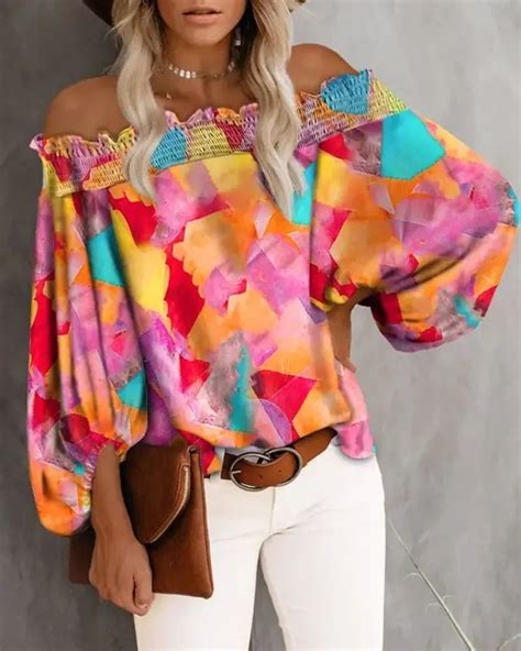 Olivia Mark Tie Dye Ruffle Off Shoulder Lantern Sleeve Blouse