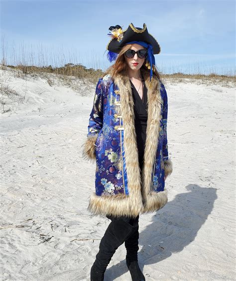 Reversible Faux Fur Festival Coat Blue Brocade