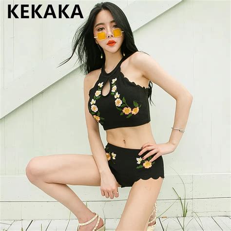 KEKAKA Vintage Black Floral Embroidery High Waist Bikinis Women 2018