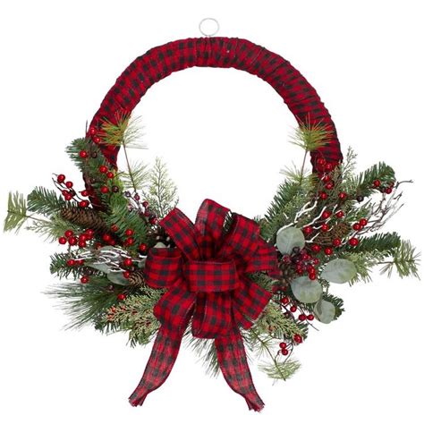 24 Red And Black Buffalo Plaid And Berry Artificial Christmas Wreath