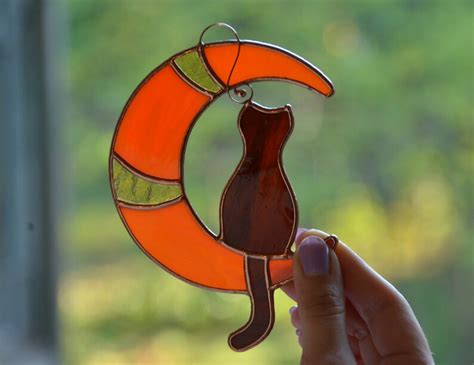 Stained Glass Black Cat On The Moon Window Hanging Suncatcher Etsy