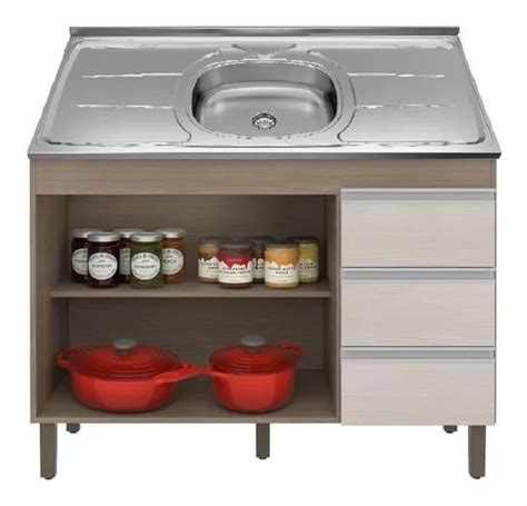 Balcão Armário De Cozinha Pia Inox 120 Cm 2 Portas 3 Gvts