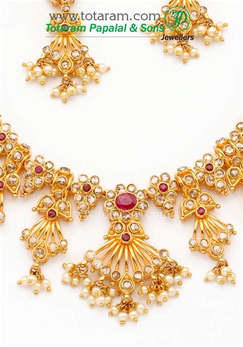 K Gold Uncut Diamond Necklace Drop Earrings Set With Ruby Pearls