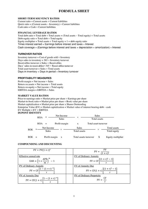 Final Exam Cf 2022 Formulas Sheet 1 Formula Sheet Short Term