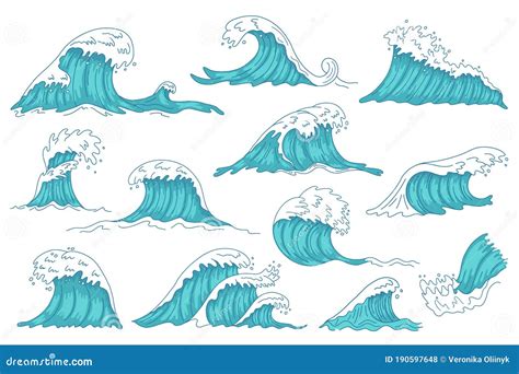 Sea Waves Ocean Hand Drawn Water Wave Vintage Storm Tsunami Waves