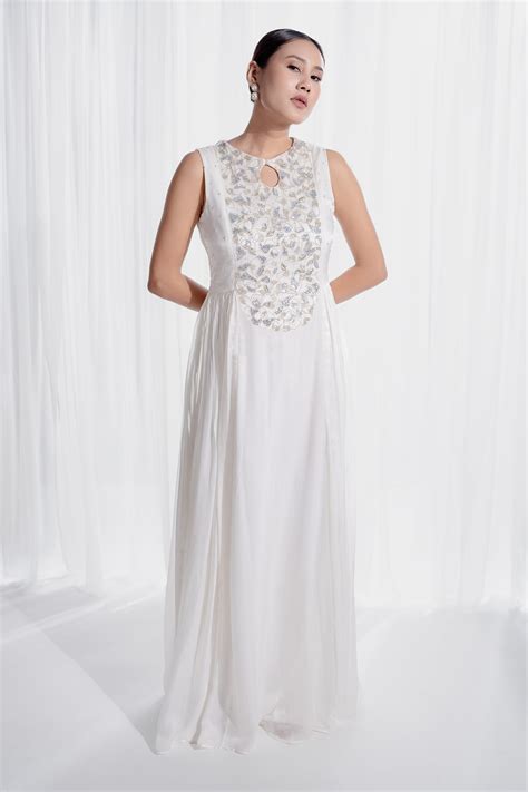 Buy Off White Upada Silk Embroidered Sequin Round And Cutdana Gown For