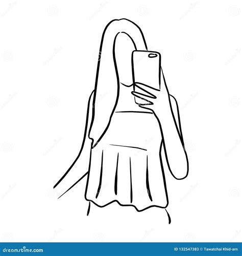 Woman Taking Selfie With Mobile Phone Vector Illustration Sketch Stock