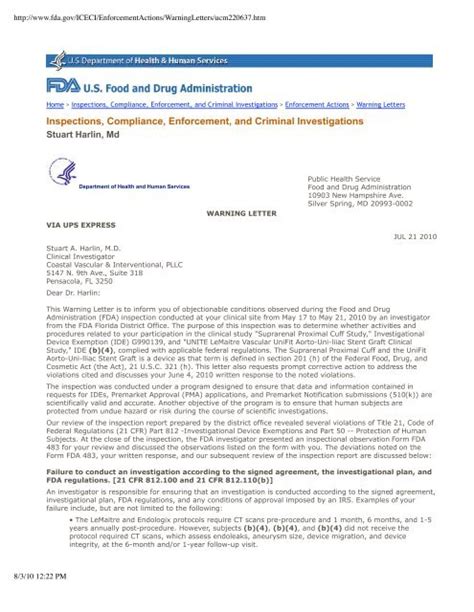 FDA Warning Letter To Stuart A Harlin M D 2010 07 21 Circare