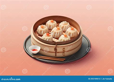 Chinese Dumplings In Bamboo Steamer Vector Realistic Illustration