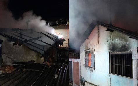 Incêndio atinge casa e parte do telhado cai durante combate às chamas