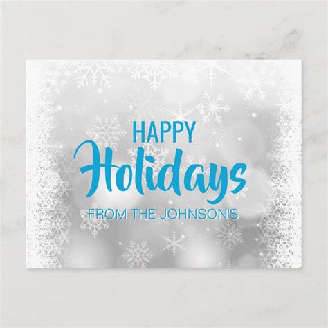 Custom HAPPY HOLIDAYS Blue Silver Snow Snowflakes Holiday Postcard | Zazzle