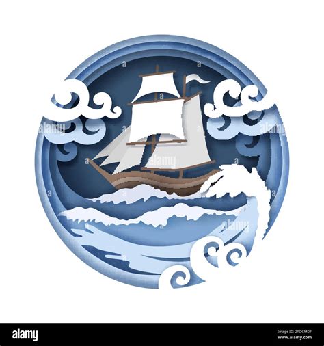 Sailboat And Raging Sea Vector Illustration In Paper Art Style Stock