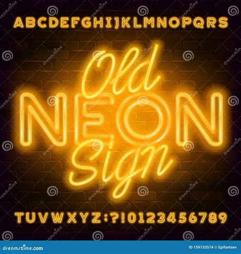 Old Neon Sign Alphabet Font. Yellow Neon Light Letters and Numbers on ...